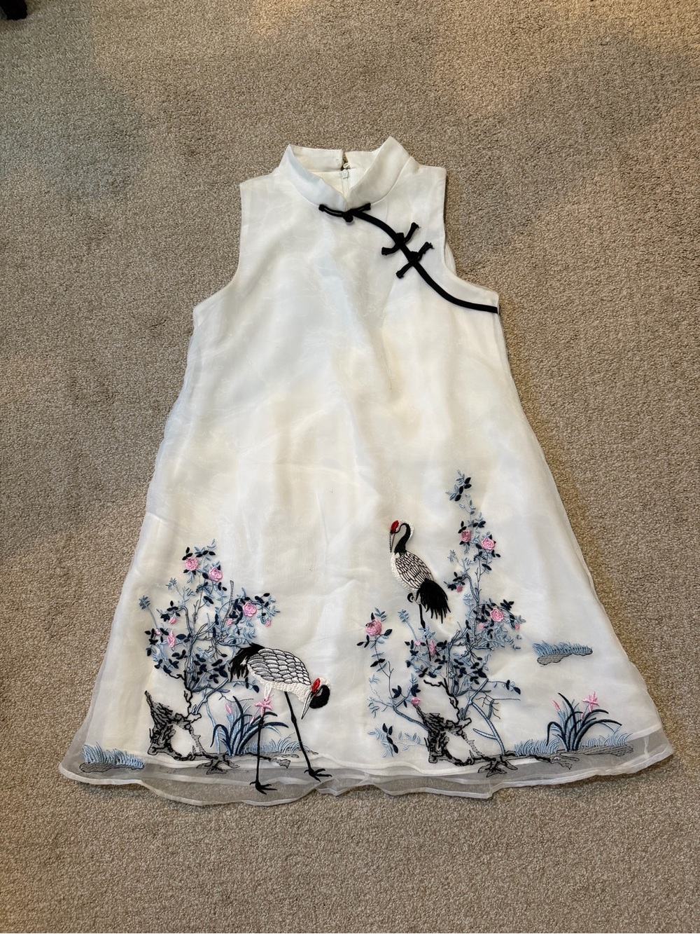 Girls White Embroidered Crane Dress with Mandarin Collar